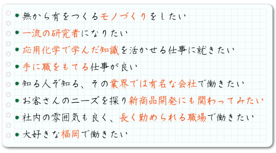 無から有を作るモノづくりをしたい,一流の研究職になりたい,応用化学で学んだ知識を活かせる仕事に就きたい,手に職をもてる仕事が良い,知る人ぞ知る、その業界では有名な会社で働きたい,お客さんのニーズを探り新商品開発にも関わってみたい,社内の雰囲気も良く、長く勤められる職場で働きたい,大好きな福岡で働きたい